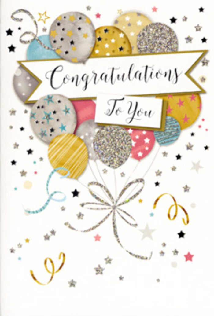 The congratulations card in this image feels like a carefully composed celebration, as refined and joyful as a well-arranged bouquet from a trusted Hitchin florist. At its heart, a cluster of balloons fills the upper half of the card, overlapping in a pleasing, layered arrangement. Each balloon is softly rounded and shaded to suggest gentle volume, painted in a sophisticated combination of metallic gold, warm champagne, bright silver, airy sky blue, blush pink, and a grounding, misty grey. Some balloons are patterned with tiny glimmering stars, others feature fine stripes or speckled glitter, giving a sense of depth and richness, almost like different flower textures in a hand-tied arrangement. From their bases, slim metallic strings in gold and silver trail downward and curl, crossing and looping together with a calligraphic grace, tying the whole composition into one unified bouquet. At the centre, resting lightly across the balloons, a cream-toned banner unfolds. It carries the message Congratulations To You in an elegant, flowing script, the letters elongated and stylish, as though drawn with a careful brush. Around this focal point, scattered stars, dots, and whimsical curly ribbons float across the soft, light background, echoing the spontaneity of confetti thrown after good news, just like celebrations outside Hitchin Town Hall. There is no heavy shadowing, just a subtle sense of brightness, as if the card is lit by soft daytime light streaming through a shop window on the High Street. From my florist's vantage point, it's the ideal partner for a congratulatory bouquet-suitable for graduations, job promotions, new homes, or any milestone where you want to send not only flowers but also a card that visually expresses pride, joy, and admiration.
