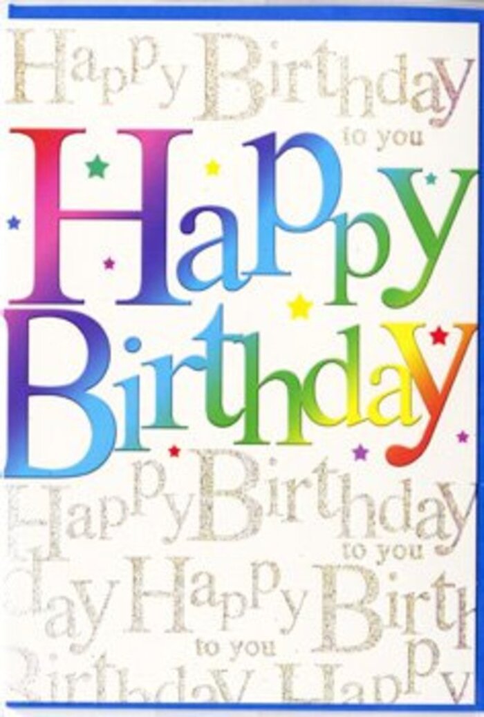The birthday card in this image radiates the same joyful atmosphere you might find at a Saturday celebration near Windmill Hill in Hitchin. Dominating the design is the phrase Happy Birthday, written in large, friendly letters that span almost the entire width of the card. Each letter shifts in hue from one to the next, moving through a full spectrum of bright colours-ruby red, rosy pink, deep plum, ocean blue, grassy green, citrus yellow, and warm tangerine-mirroring a well-balanced floral arrangement where each bloom contributes its own personality. The colours are rich yet smooth, blending at the edges so that no transition feels abrupt, giving the impression of soft airbrushing or expert digital illustration. Behind this vivid statement, the background comes alive with lines of delicate golden handwriting, continuously repeating Happy Birthday to you in an elegant, looping script. The script is fine and slightly slanted, like a line of lyrics penned by hand, and appears in a metallic gold ink that subtly catches the light, creating a gentle shimmer rather than bold glitter. A scattering of tiny multi-coloured stars and dots floats between the letters, adding playful detail, as if someone had lightly sprinkled confetti across the card. The card stock itself suggests a smooth, slightly glossy finish, the kind that feels pleasantly cool and substantial when you hold it. Together, the strong rainbow lettering and refined golden background create a sense of joyful sophistication-perfect for marking anything from a child's birthday party to a special milestone for a loved one. It is easy to imagine this card arriving alongside fresh birthday flowers delivered around Hitchin, making the recipient feel immediately celebrated, seen, and cherished.