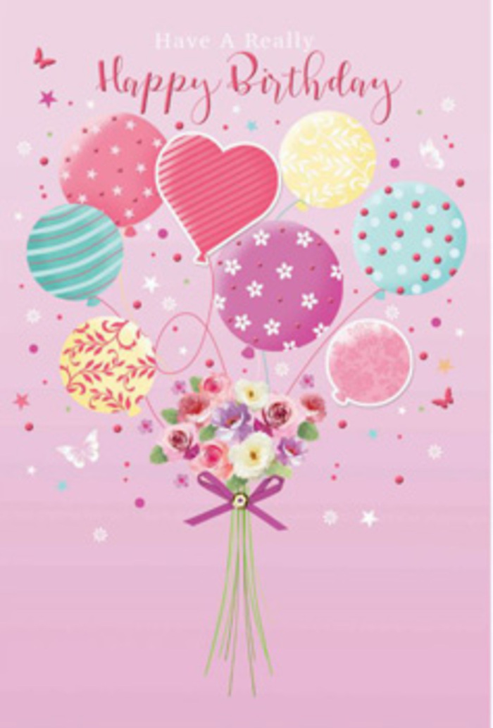 An uplifting birthday design unfolds like a storybook scene, the kind you might imagine being chosen in a cosy Hitchin card shop for someone very dear. Against a blush-pink background, a bouquet of balloons appears to float effortlessly, their strings converging at a small but lush hand-tied arrangement. The balloons shimmer in a palette of pale sunshine yellow, rosy fuchsia, gentle teal, and lavender, their surfaces reflecting a soft, diffused light that suggests a calm morning over Hitchin town centre. Each balloon bears a cheerful pattern - ribbons spiralling upward, scattered polka dots, and delicate floral prints - all arranged in a way that feels playful without losing its refined charm. At the base, the flowers themselves form a petite garden: little roses and daisy-like blossoms with velvety petals shaded from creamy white to warm rose and mauve, as though kissed by first light on a spring day. Their imagined scent is lightly sweet, comforting, and familiar, like walking past a stall of fresh blooms at Hitchin Market. A slim purple bow, tied with a florist's practiced care, gathers the stems into a neat posy that looks ready to be slipped into a vase once the celebrations begin. Around the bouquet, illustrated butterflies flutter and tiny stars drift, lending the piece a dreamlike quality, as if time has paused at the happiest moment of the birthday. The whole composition speaks of gentle jubilation and thoughtful detail, evoking the touch of an experienced local florist who knows how to turn pastel colours and delicate textures into a feeling of being genuinely celebrated.
