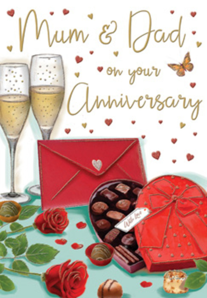 The imagery on this anniversary card feels like a small, luxurious still life, perfect for celebrating long-lasting love in Hitchin. At its heart, a pair of slim champagne glasses stand close together, brimming with pale golden sparkling wine. The bubbles are captured mid-rise, tiny orbs glinting in the light, as if someone is just about to raise a glass in a toast to Mum and Dad. In the foreground, sumptuous red roses rest along the tabletop, their petals lush and layered, each bloom rendered with the kind of careful attention a florist gives when selecting stems for an important anniversary delivery. Their rich crimson tone is echoed by a heart-shaped chocolate box, coated in deep red and crowned with an elegant bow that twists and loops in soft satin folds. The box is slightly open, revealing morsels of chocolate, neatly aligned like treasures to be savoured together after dinner. Around this central arrangement, delicate gold and red hearts drift across the background, catching the eye and giving the scene a sense of movement, like confetti swirling after a celebration near Windmill Hill. A classic scarlet envelope, its flap neatly sealed, lies to one side, suggesting a private, loving message penned by children or grandchildren. Warm, rosy lighting softens any sharp edges, wrapping the entire composition in a gentle glow that feels both festive and intimate. The scene evokes the quiet joy of setting out flowers, chocolates, and fizz in a Hitchin home, ready to surprise parents and honour the story of their years together with sweetness, gratitude, and shared remembrance.