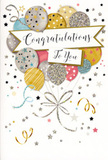 This richly detailed congratulations card presents a joyful bouquet of balloons that feels almost like a floral display reimagined in paper and ink, perfect for gifting alongside fresh stems delivered across Hitchin. At the centre, a cluster of rounded balloons overlaps and rises, rendered in a harmonious blend of metallic gold, silver, champagne, sky blue, blush pink, and soft grey. Each balloon is adorned with its own decorative pattern: some shimmer with tiny starbursts, others show fine, glistening stripes, and a few appear dusted with glitter, creating a gentle sparkle that suggests texture and depth. Thin, curling strings in luminous gold and silver gather at the bottom, weaving together with graceful loops like trailing ribbons on a hand-tied bouquet. Encircling the balloons are scattered stars, dots of confetti, and playful swirls that dance across the pale background, conveying movement and the light-hearted chaos of a party in full swing, reminiscent of a happy gathering near Windmill Hill. A softly arched banner stretches across the centre of the design, its edges gently curved, bearing the heartfelt message Congratulations To You written in smooth, flowing script that feels both modern and timeless. The overall composition is airy and balanced, with plenty of space for the metallic highlights to catch the eye without overwhelming it. There is a sense of polished celebration here-refined yet genuinely warm-making this card ideal for marking exam results, new jobs, promotions, or any proud moment where you want to accompany a bouquet with a card that visually reflects your delight and genuine admiration for the recipient's success.