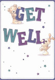 Brimming with cheerful energy and heartfelt optimism, this get well card leaps to life with two adorable companions-a plush teddy and a floppy-eared pup-centered around the vibrant message 'Get Well.' Their joyful postures and expressive faces seem to radiate from the creamy white background, reminding one of the playful camaraderie shared at play parks near Hitchin's Sun Street. Each soft brushstroke gives a nearly tangible feel; the bear's gentle fluff and the velvety texture of the puppy's ears beckon a comforting touch. The text, crafted in bold indigo and teal hues, stands out confidently-like the bright shopfronts along Hitchin's High Street-while twinkling stars in blues and purples add depth and a sense of inspiring hope across the scene. This card, much like a carefully arranged bouquet delivered by a caring local florist, sends more than words-it delivers warmth, kindness, and emotional solace, perfect for encouraging someone on their journey to recovery in the Hitchin community. The light, uplifting mood offers a visual salve that comforts, brightens, and reminds us of the power of tiny acts of care, whether shared with a handmade card or a bundle of fresh-picked flowers.