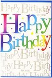 This birthday card design feels like stepping into a burst of colour on a bright day walking up Hermitage Road in Hitchin. At its heart, the greeting Happy Birthday is presented in big, bold letters that appear almost to float above the surface. Each letter carries a distinct shade, forming a vibrant rainbow effect that moves smoothly from rich reds and hot pinks into regal purples, cool blues, and vivid greens before warming into golden yellows and soft oranges. The colours are saturated yet refined, creating an immediate sense of fun and optimism, similar to the feeling of opening a box of fresh, mixed-colour blooms from a local Hitchin florist. Nestled beneath and behind this joyful headline, the background is covered with repeating lines of delicate gold script that gently whisper Happy Birthday to you across the card. The cursive lettering is fine and flowing, and the metallic ink glints subtly, as though catching ambient light from a nearby window. This shimmering script forms a soft, decorative pattern rather than a dominant feature, offering a sophisticated contrast to the thick, colourful main text. Scattered across the design are tiny, jewel-like accents-minute stars and specks in different hues-that lighten the overall mood, evoking confetti tossed into the air or sparkles on wrapping paper. The card appears to be printed on quality stock with a smooth, slightly lustrous finish, inviting you to run a fingertip along the raised look of the letters. Altogether, it conveys a feeling of wholehearted celebration: modern, cheerful, and versatile enough to accompany birthday flowers for a friend, partner, or family member anywhere in Hitchin.