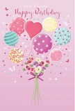 A whimsical birthday scene is illustrated as if crafted by a Hitchin florist with an eye for romance and playfulness, set on a soft pink backdrop that feels like the inside of a favourite card shop. Rising from the centre is a cluster of pastel balloons, their rounded shapes and one prominent heart-shaped balloon forming a joyful canopy of colour. Each balloon shows off its own personality: some swirl with candy-striped ribbons in rose and lemon, others gleam with scattered polka dots, while a few are dusted with tiny floral motifs in teal, lavender, and buttery yellow. The shine on their surfaces suggests gentle daylight, like sunshine spilling over a garden near Windmill Hill. Tethered at the base is a compact bouquet of blooms that looks freshly gathered - delicate roses and anemone-like flowers in creamy ivory, blush pink, and muted mauve, their petals soft and feathery to the eye. A violet satin bow wraps around the stems, its smooth, reflective texture echoing the sheen of the balloons and hinting at the careful hands that tied it, much like a same-day birthday delivery prepared by Flowers Hitchin. Small stars sprinkle the air, and a few butterflies hover close, adding a fairy-tale touch without overwhelming the calm, celebratory mood. The overall effect is light and airy, as though the bouquet might drift above the rooftops of Hitchin, carrying with it the imagined fragrance of fresh-cut flowers, the rustle of ribbon, and the quiet excitement of a birthday wish about to be granted.