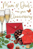 This anniversary card illustration brings to mind an evening celebration in Hitchin, with every detail chosen to honour a cherished Mum and Dad. At the centre of the artwork, two tall champagne flutes stand shoulder to shoulder, filled nearly to the brim with golden, bubbly champagne that seems to sparkle against a warm, softly lit background. In front of them, two deep red roses rest on the table, their velvety petals unfolding in layers that suggest both freshness and tenderness, just as you'd see in a carefully prepared bouquet from Flowers Hitchin. To one side, a heart-shaped box of chocolates, rich red and slightly domed, sits with its lid gently open, revealing smooth chocolates tucked inside like little secrets ready to be shared. A dramatic red bow, glossy and full, drapes over the box, its loops and tails catching subtle highlights that add a touch of luxury. Scattered around the design, tiny heart motifs in crimson and gold dance across the surface, guiding the eye toward the hand-lettered Mum & Dad greeting, which feels affectionate and proudly displayed. A bold scarlet envelope lies close by, its clean lines and sealed edge hinting at the personal message hidden within, perhaps written after a stroll through Hitchin town centre. The whole image glows with rich reds, warm golds, and gentle creams, creating an atmosphere of romance, comfort, and celebration. It feels like a lovingly set scene just before the family gathers around, flowers on the sideboard and champagne ready to pour, to toast the enduring love story that this card so tenderly represents.